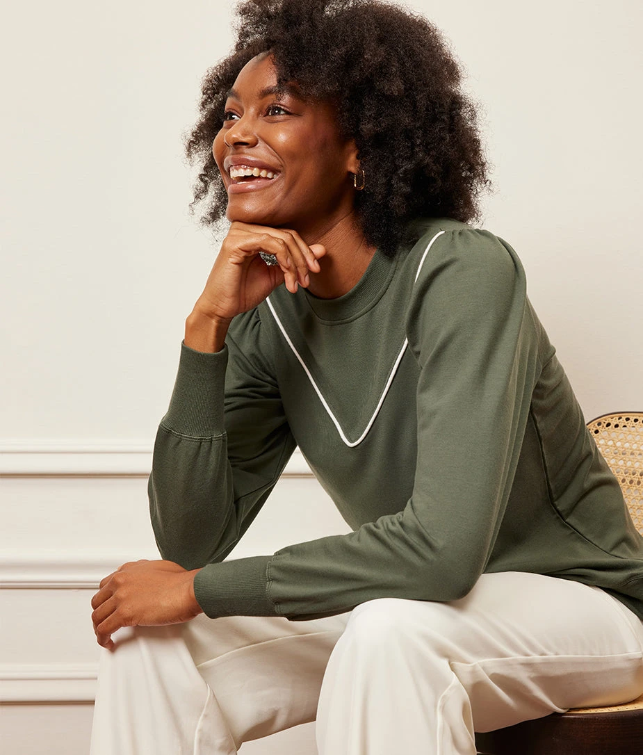 The Softest French Terry Contrast Puff-Sleeve Pullover - Olive & White Sand 4 The Softest French Terry Contrast Puff-Sleeve Pullover - Olive & White Sand - Image 4