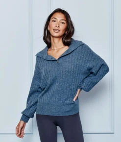The Coziest Cashmere Blend Ribbed Half-Button Sweater - Steel -Summersalt Shop 1 ModelFront 57dc305b 2e75 4857 851c 0e4ddf860fe0