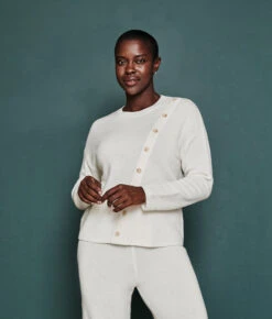 The Luxe Cashmere Blend Button Crewneck - White Sand