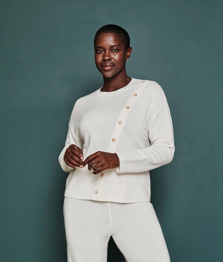 The Luxe Cashmere Blend Button Crewneck - White Sand 1 The Luxe Cashmere Blend Button Crewneck - White Sand