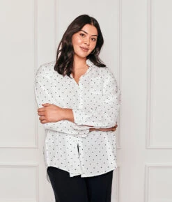 The Perfect Boyfriend Shirt - White Sand & Sea Urchin Pin Dot 9 The Perfect Boyfriend Shirt - White Sand & Sea Urchin Pin Dot -Summersalt Shop 1 ModelFront dbb87a33 55ee 4dff a52a e68e5d4c233a