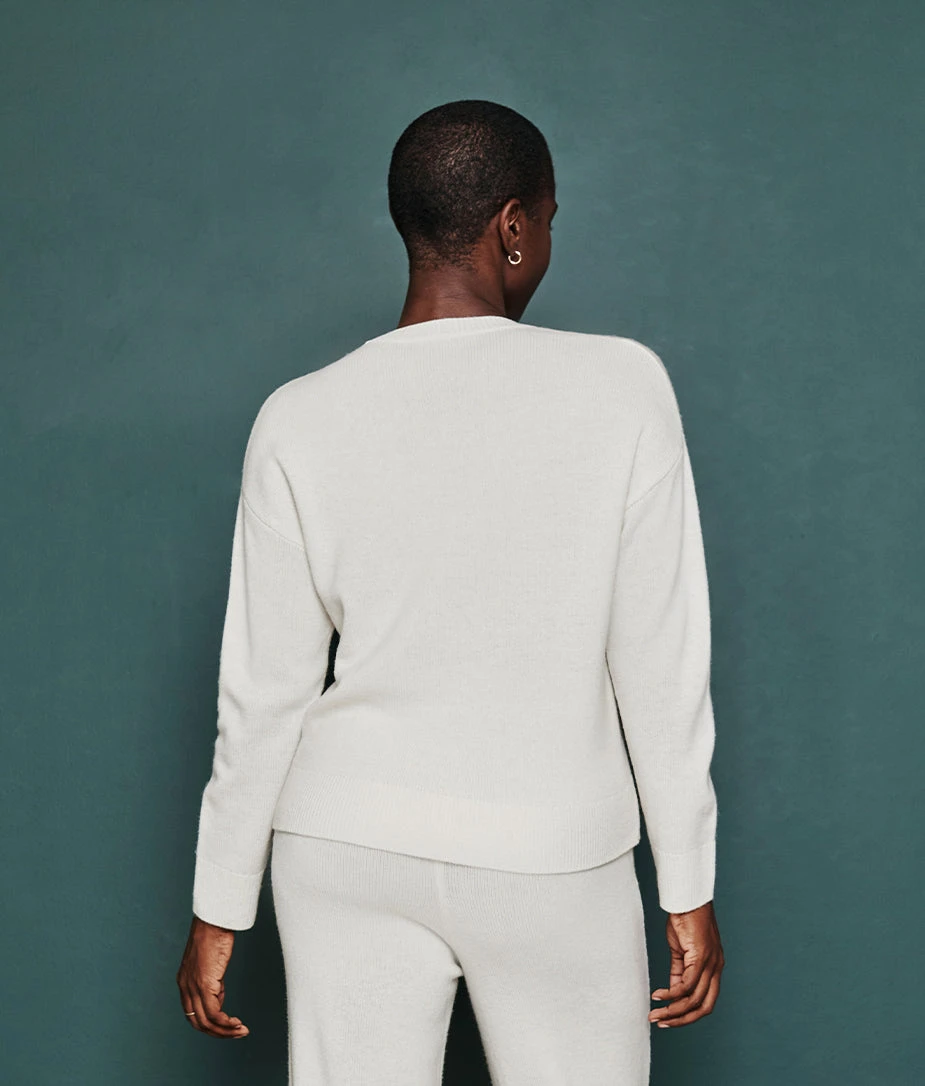 The Luxe Cashmere Blend Button Crewneck - White Sand 2 The Luxe Cashmere Blend Button Crewneck - White Sand - Image 2
