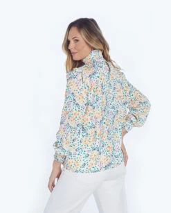 The Silky Mock Neck Blouse - Wildflower Fields In Sunshine & Coral -Summersalt Shop 2 ModelBack 3b83da4d 478e 4cfa abd5 87f03d2766af