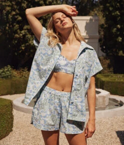 The Poolside Poplin Button-Down Shirt - Secret Garden In Powder Blue & Sage -Summersalt Shop 2 ModelBack 73f84ce5 6a44 4176 9b24 0b633d54b910