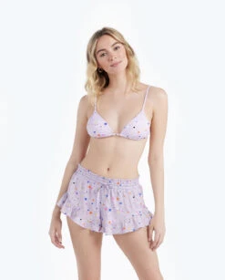 The Silky Ruffle Shorts - Paint Splatter In Lilac -Summersalt Shop 2 ModelBack f9720106 fcbb 4bbd b12d a59e4dee4131