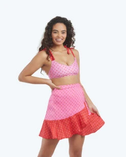 The Short Beach To Brunch Wrap Skirt - Square Dot In Flamingo & Hibiscus -Summersalt Shop 3 ModelDetailFront b862680f 67d0 4438 90e1 5334c75de62e