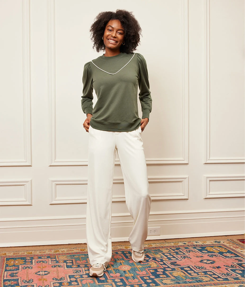 The Softest French Terry Contrast Puff-Sleeve Pullover - Olive & White Sand 5 The Softest French Terry Contrast Puff-Sleeve Pullover - Olive & White Sand - Image 5
