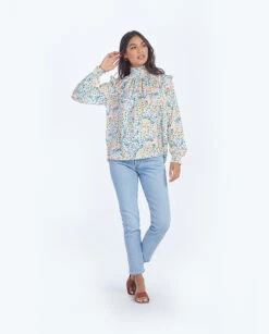 The Silky Mock Neck Blouse - Wildflower Fields In Sunshine & Coral -Summersalt Shop 5 ExtraProductShot 9c61ef66 ea00 4b15 9edf 9b37824c334c