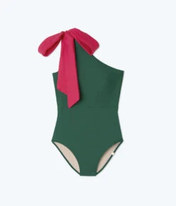 The Bow-Shoulder Ruched Sidestroke - Olive & Spritz -Summersalt Shop Bow ShoulderRuchedSidestroke Olive Spritz Flat