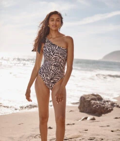 The Bow-Shoulder Ruched Sidestroke - Abstract Palm In Sea Urchin & White Sand