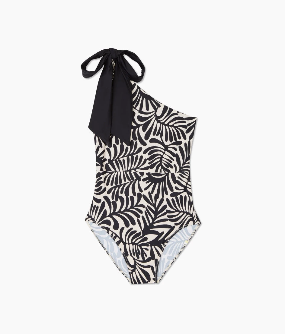 The Long Torso Bow-Shoulder Ruched Sidestroke - Abstract Palm In Sea Urchin & White Sand 4 The Long Torso Bow-Shoulder Ruched Sidestroke - Abstract Palm In Sea Urchin & White Sand - Image 4