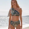 The Bow-Shoulder Ruched Sidestroke Bikini Top - Bower In Seaglass & Watermelon