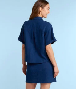 The Cloud Gauze Boxy Cropped Button-Up Shirt - Deep Sea -Summersalt Shop CloudGauzeBoxyCroppedButton UpShirtDeepSeaBack1