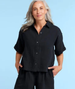 The Cloud Gauze Boxy Cropped Button-Up Shirt - Sea Urchin 6 The Cloud Gauze Boxy Cropped Button-Up Shirt - Sea Urchin -Summersalt Shop CloudGauzeBoxyCroppedButton UpShirtSeaUrchinFront2