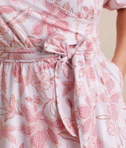 The Coastal Poplin Puff-Sleeve Wrap Midi Dress - Batik Floral In Faded Rose & White Sand -Summersalt Shop CoastalPoplinPuff SleeveWrapMidiDress BatikFloralinFadedRose WhiteSand Detail