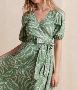 The Coastal Poplin Puff-Sleeve Wrap Midi Dress - Dotted Palms In Seagreen & White Sand -Summersalt Shop CoastalPoplinPuff SleeveWrapMidiDress DottedPalmsinSeagreen WhiteSand Detail