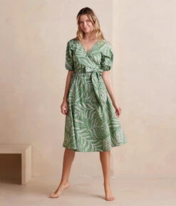The Coastal Poplin Puff-Sleeve Wrap Midi Dress - Dotted Palms In Seagreen & White Sand -Summersalt Shop CoastalPoplinPuff SleeveWrapMidiDress DottedPalmsinSeagreen WhiteSand Front Full