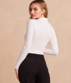The Essential Long Sleeve Collared Bodysuit - White Sand 7 The Essential Long Sleeve Collared Bodysuit - White Sand -Summersalt Shop CollaredBodysuits WhiteSand Back Crop