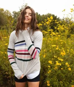 The Coziest Cashmere Blend Striped Crew - Rainbow Stripe On Wolf