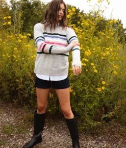 The Coziest Cashmere Blend Striped Crew - Rainbow Stripe On Wolf -Summersalt Shop Coziest Cashmere Blend Striped Crew 3