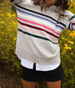 The Coziest Cashmere Blend Striped Crew - Rainbow Stripe On Wolf -Summersalt Shop Coziest Cashmere Blend Striped Crew 4