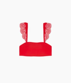 The Eyelet Ruffle Oasis Top - Lava -Summersalt Shop Eyelet Ruffle Oasis Bikini Top Lava Flower Stitching FLAT