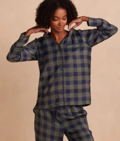 The Cloud 9 Silky Pajama Set - Buffalo Check In Deep Sea & Gold -Summersalt Shop Front Crop2 TheCloud9SilkyPajamaSet BuffaloCheckinDeepSea Gold