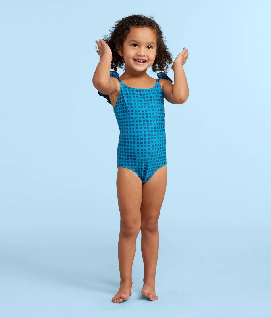The Girls' Ruffle One Piece - Gingham In Calypso 1 The Girls' Ruffle One Piece - Gingham In Calypso