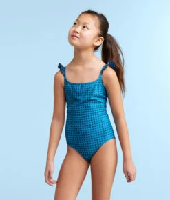 The Girls' Ruffle One Piece - Gingham In Calypso 6 The Girls' Ruffle One Piece - Gingham In Calypso -Summersalt Shop Girls RuffleOnePieceMixedGinghaminCalypsoFront2