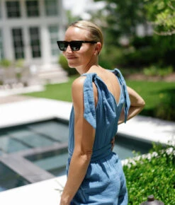The Going Places Gauze Tie-Shoulder Jumpsuit - Cyprus Blue -Summersalt Shop Going Places Gauze Tie Shoulder Jumpsuit Cyprus Blue 1