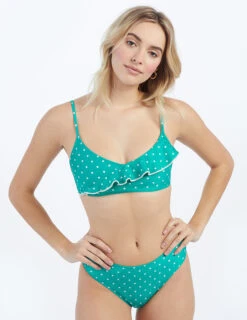The Ruffle Marina Bikini Top - Seaglass Dot -Summersalt Shop ModelDetailFront 56