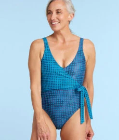 The Long Torso Perfect Wrap One Piece - Mixed Gingham In Calypso & Deep Sea