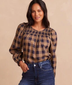 The Perfect Smocked Cotton Top - Buffalo Check In Midnight & Toffee