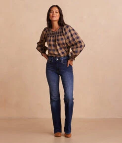 The Perfect Smocked Cotton Top - Buffalo Check In Midnight & Toffee -Summersalt Shop PerfectSmockedCottonTop BuffaloCheckinMidnight Toffee Front Full 1