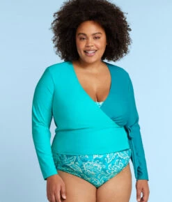 The Perfect Wrap Long Sleeve Cover-Up - Seafoam & Harbor -Summersalt Shop PerfectWrapLongSleeveCover UpSeaFoam HarborFront1