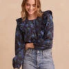 The Countryside Poplin Ruffle Blouse - Rustic Floral In Midnight
