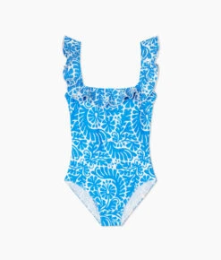 The Ruffle Seaway Square Neck One-Piece - Floral Wave In Azure -Summersalt Shop Ruffle Square Neck One Piece Floral Wave in Azure FLAT