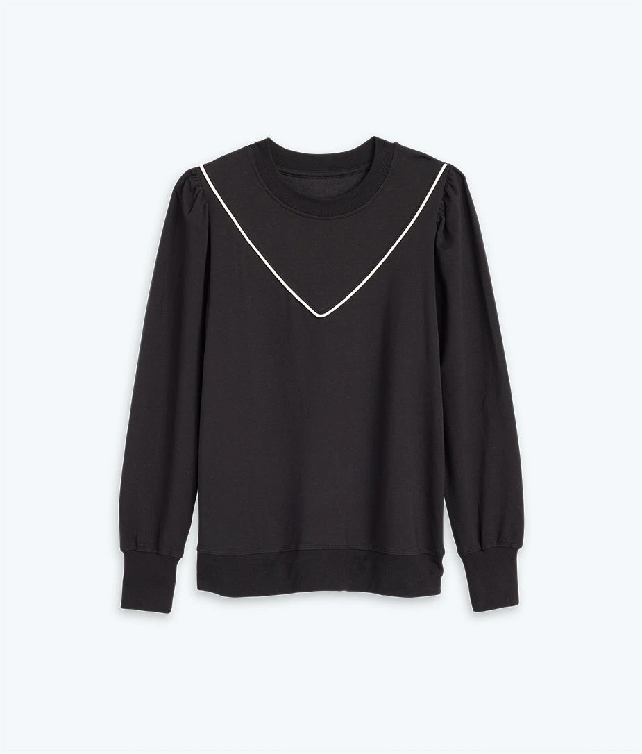 The Softest French Terry Contrast Puff-Sleeve Pullover - Sea Urchin & White Sand 1 The Softest French Terry Contrast Puff-Sleeve Pullover - Sea Urchin & White Sand