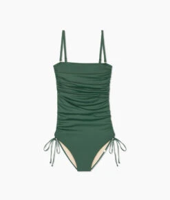 The DreamDrape Cinched Bandeau - Olive -Summersalt Shop Side Gathered Oasis One Piece w Removable Straps Olive Drape FLAT