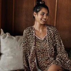 The Cloud 9 Silky Slip Dress - Leopard & Pink Sky 7 The Cloud 9 Silky Slip Dress - Leopard & Pink Sky -Summersalt Shop SilkyDress Leopard Lifestyle