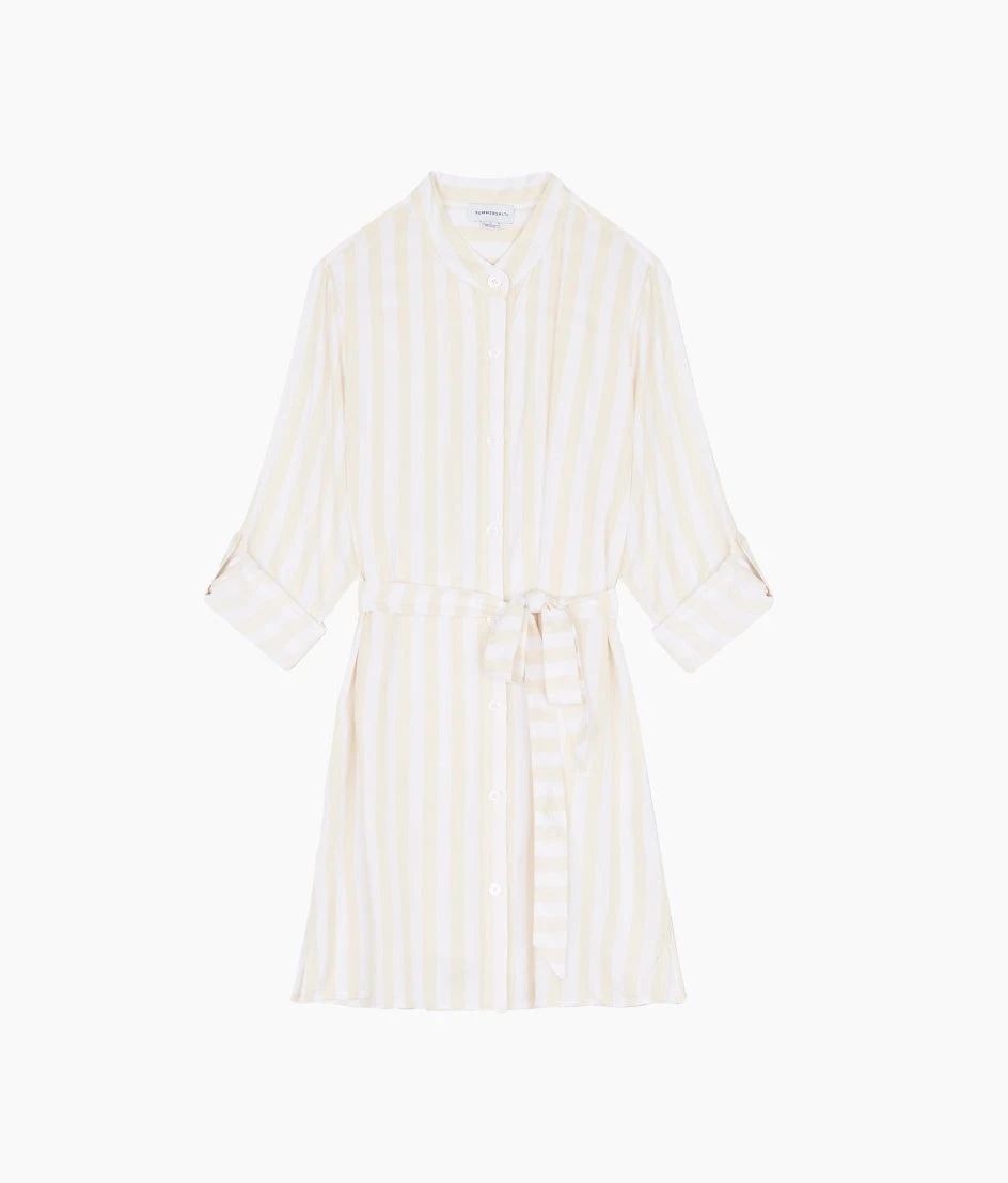 The Silky Luxe Short Effortless Shirtdress Cover-Up - Beach Stripe In Sandshell 4 The Silky Luxe Short Effortless Shirtdress Cover-Up - Beach Stripe In Sandshell - Image 4