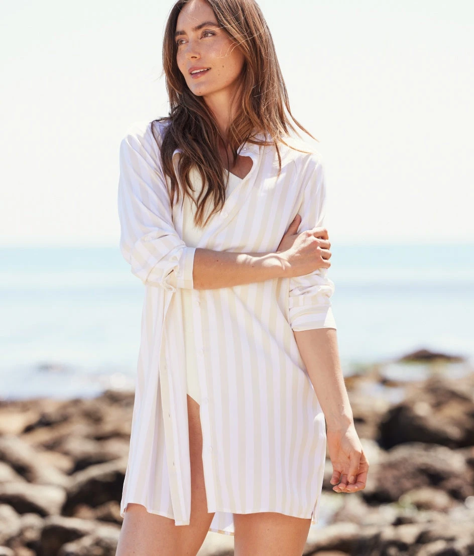 The Silky Luxe Short Effortless Shirtdress Cover-Up - Beach Stripe In Sandshell 1 The Silky Luxe Short Effortless Shirtdress Cover-Up - Beach Stripe In Sandshell