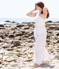 The Silky Luxe Palazzo Pants With Ties - Beach Stripe In Sandshell 6 The Silky Luxe Palazzo Pants With Ties - Beach Stripe In Sandshell -Summersalt Shop Silky Luxe Palazzo Pants with Ties Stripe 3