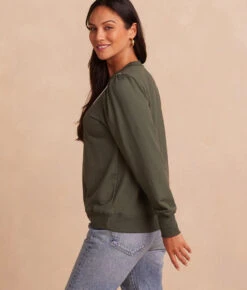 The Softest French Terry Contrast Puff-Sleeve Pullover - Olive & White Sand 8 The Softest French Terry Contrast Puff-Sleeve Pullover - Olive & White Sand -Summersalt Shop SoftestFrenchTerryContrastPuff SleevePullover Olive WhiteSand Back Crop