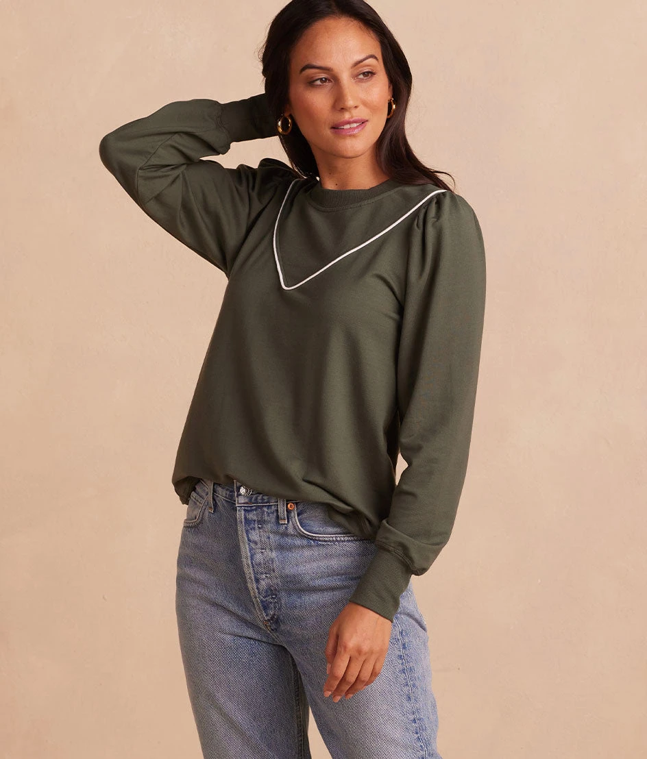 The Softest French Terry Contrast Puff-Sleeve Pullover - Olive & White Sand 2 The Softest French Terry Contrast Puff-Sleeve Pullover - Olive & White Sand - Image 2
