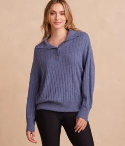 The Coziest Cashmere Blend Ribbed Half-Button Sweater - Steel