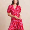 The Silky Luxe Puff Sleeve Beach To Brunch Wrap Dress - Pop Floral In Lava