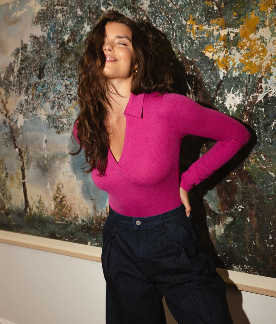 The Essential Long Sleeve Collared Bodysuit - Hibiscus 1 The Essential Long Sleeve Collared Bodysuit - Hibiscus