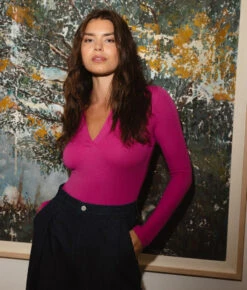 The Essential Long Sleeve Collared Bodysuit - Hibiscus 6 The Essential Long Sleeve Collared Bodysuit - Hibiscus -Summersalt Shop The Essential Long Sleeve Collared Bodysuit 3