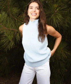 The High Neck Sweater Vest - Powder Blue & White Sand